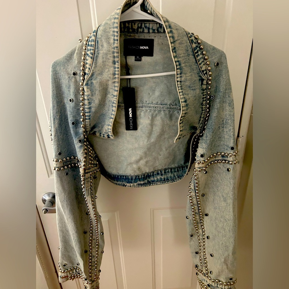 Fashion Nova, really cool, 80’s inspired bedazzled jean jacket, new with tags